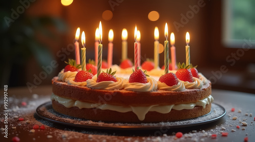 The birthday cake features fresh strawberries and frosting, with lit candles in a warm, inviting atmosphere, perfect for a festive gathering