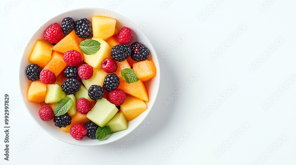 A fresh fruit salad with raspberries, blackberries, melon, and mint, beautifully presented in a white bowl A fresh fruit salad with raspberries, blackberries, melon, and mint, beautifully presented in a white bowl