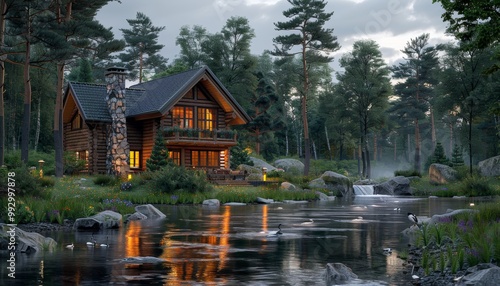 Cozy log cabin by misty stream in peaceful forest