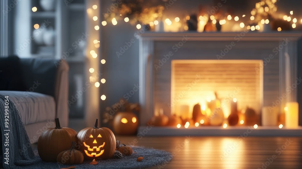 Obraz premium Daytime minimalist living room with pumpkins, a glowing fireplace, and soft Halloween decor. The light from the fire is the focal point. No people.