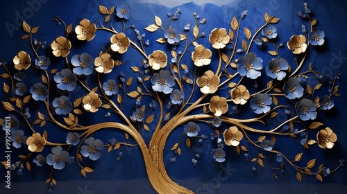 Fototapeta Naklejka Na Ścianę i Meble -  Elegant royal blue and gold floral tree illustration with seamless leaves and hanging branches, perfect for 3d abstraction wallpaper, interior mural painting, and luxurious wall art decor.

