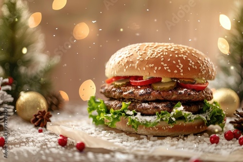 Festive Christmas Burger with Holiday Twinkling Lights and Holiday Decorations