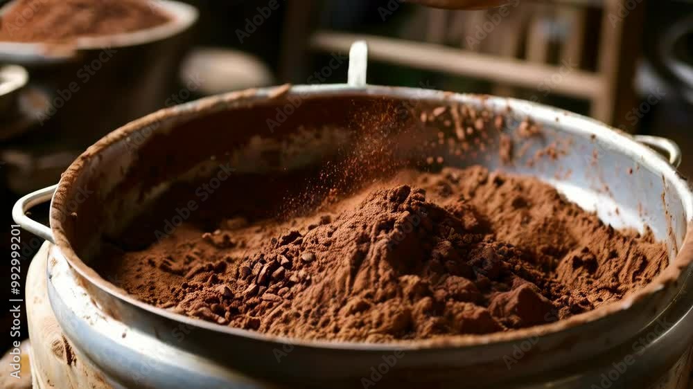 Cocoa powder being sifted through a sieve Cocoa powder being sifted through a sieve