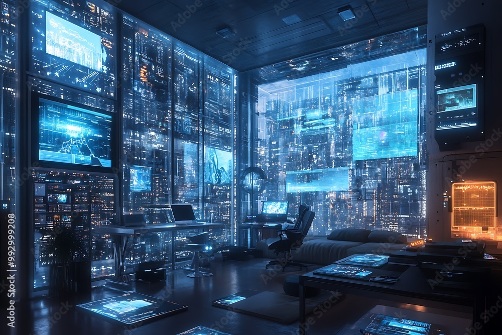 Futuristic room with digital screens and city view. Futuristic room with digital screens and city view.
