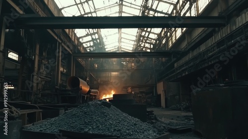 An abandoned industrial space with debris and smoke, evoking a sense of decay and neglect.