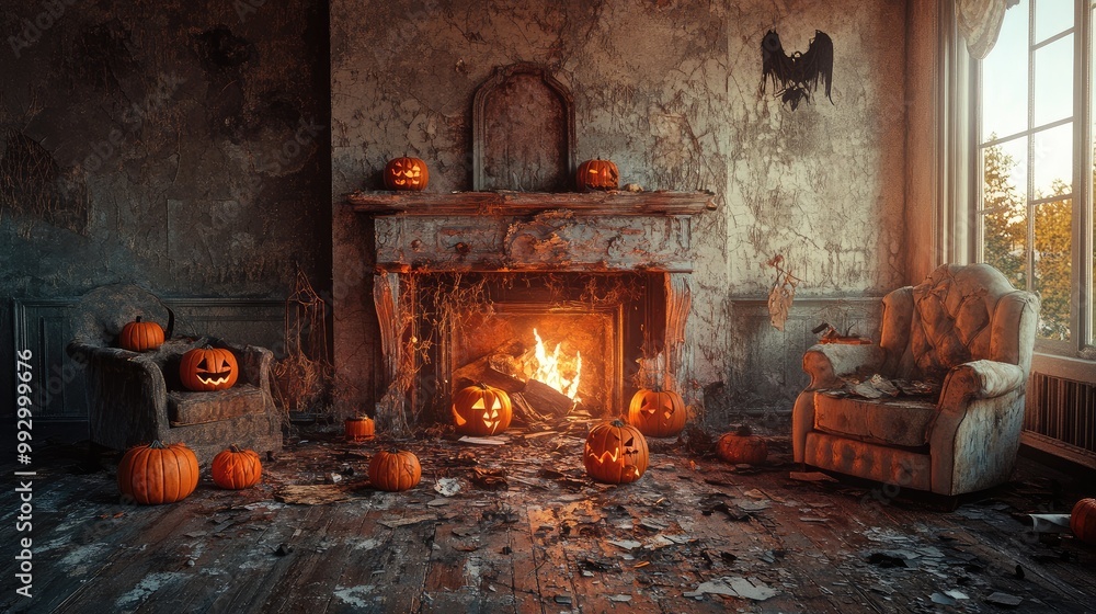 Halloween-themed broken living room, pumpkins scattered near the fireplace, cracks in the walls, and the light from the fire creating the focal point. No people. Halloween-themed broken living room, pumpkins scattered near the fireplace, cracks in the walls, and the light from the fire creating the focal point. No people.