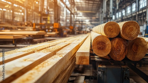 A lumber processing facility with stacked wooden logs and planks. photo