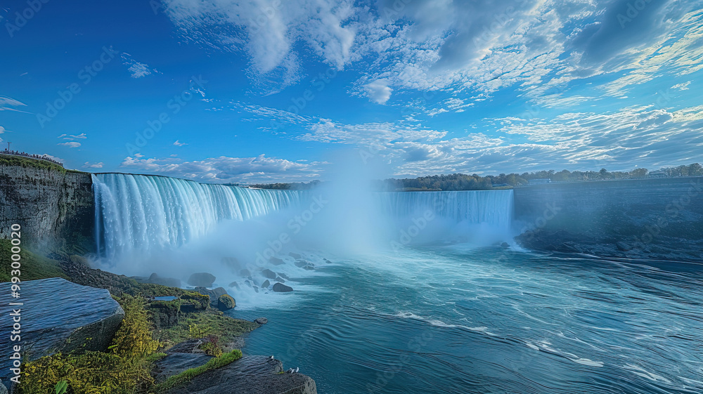 Majestic Waterfall Under Bright Blue Sky and Clouds Majestic Waterfall Under Bright Blue Sky and Clouds