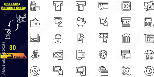 Banking and Finance editable stroke icon collection, featuring icons for bank, currency exchange, cheque, security guard, money transfer, loan, and mobile banking. Editable outline icon set.