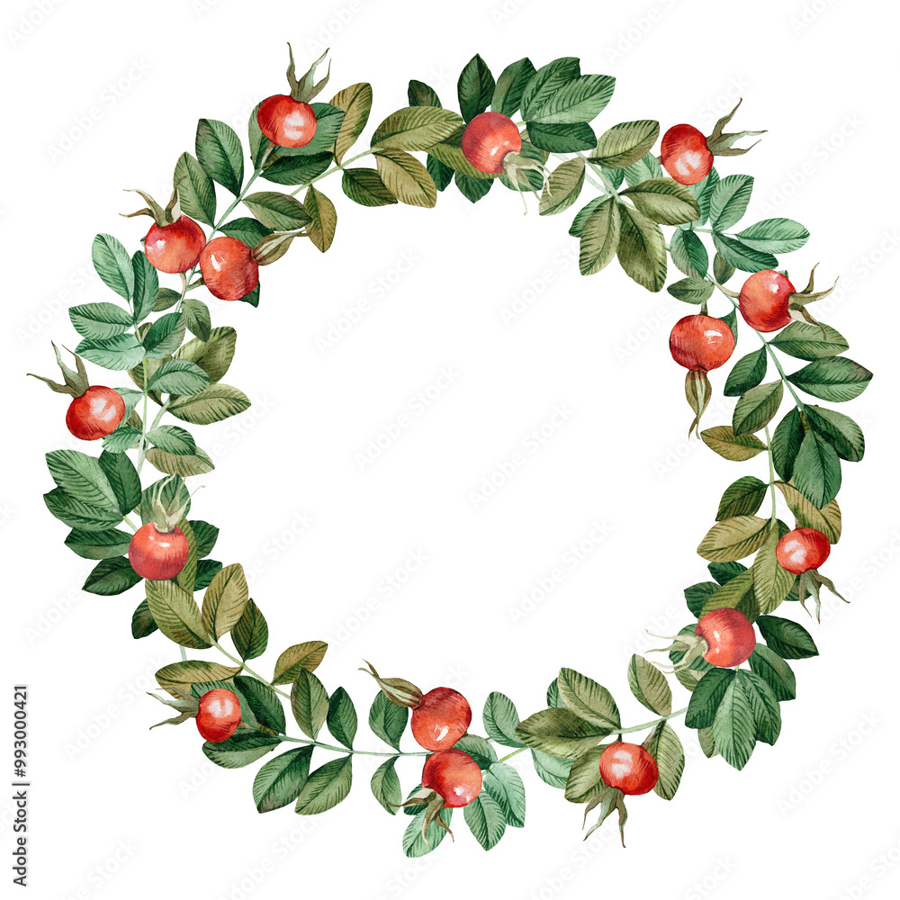 Naklejka premium Rose hips seamless watercolor frame on white background. Round frame of leaves and red berries. For label and packaging design of medicinal tea, cosmetics. Wedding card