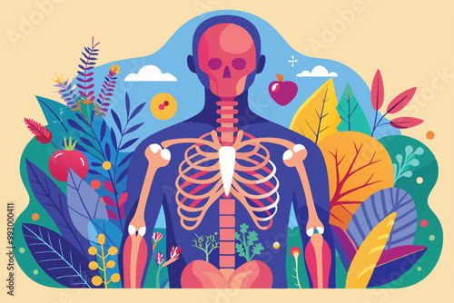 A detailed illustration shows the human skeleton surrounded by colorful plants, promoting rheumatology awareness, Customizable semi-flat illustration for rheumatology.