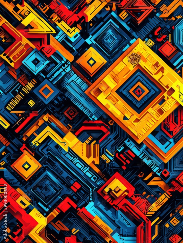 Fototapeta premium Abstract Geometric Composition of Interlocking Shapes in Red, Yellow, and Blue