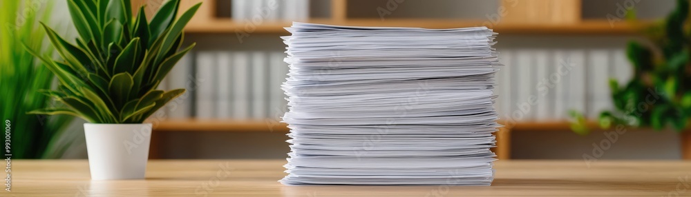A stack of insurance claim documents, placed neatly on a wooden table in a minimalist, softly lit office space with green plants nearby A stack of insurance claim documents, placed neatly on a wooden table in a minimalist, softly lit office space with green plants nearby