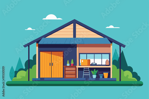 This illustration showcases a colorful garden shed with potted plants and tools, perfect for outdoor activities, Customizable semi-flat illustration for sheds.