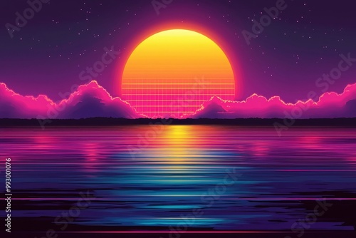 Retro Sunset with a Gridded Sun and Pink Clouds Reflected in a Still Body of Water