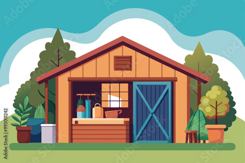 A colorful garden shed surrounded by trees, showcasing tools and potted plants, perfect for outdoor projects, Customizable semi-flat illustration for sheds.