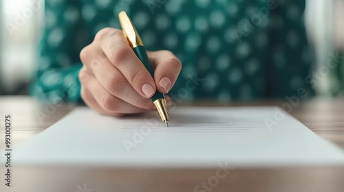 A pen signing a glowing policy agreement, softly illuminated by natural light from large windows in a minimalist workspace