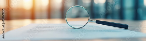 A magnifying glass focusing on a small section of an insurance policy, softly lit by natural light from large windows in a modern office environment