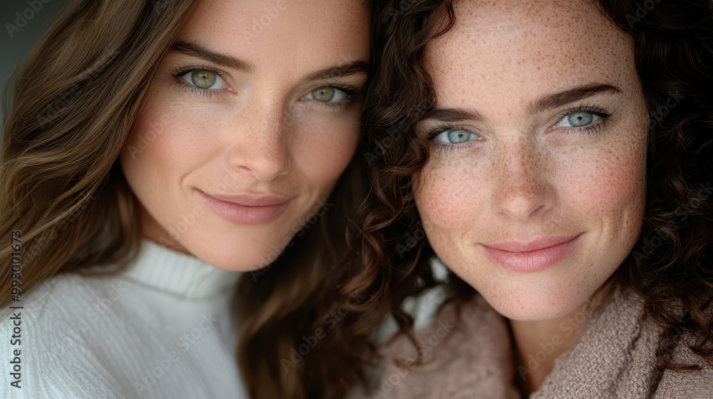 Two women with freckles and glowing skin pose closely, showcasing natural beauty, radiance, and diversity in skincare. Two women with freckles and glowing skin pose closely, showcasing natural beauty, radiance, and diversity in skincare.
