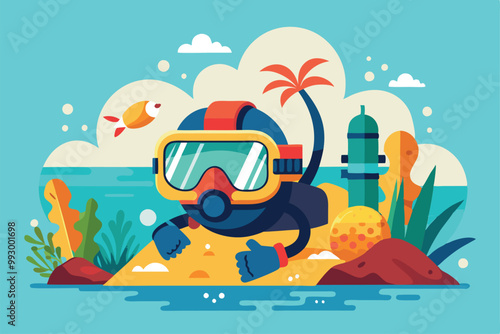 A lively snorkeler enjoys an underwater adventure amidst colorful coral and marine life in bright waters, Customizable semi-flat illustration for snorkeling.