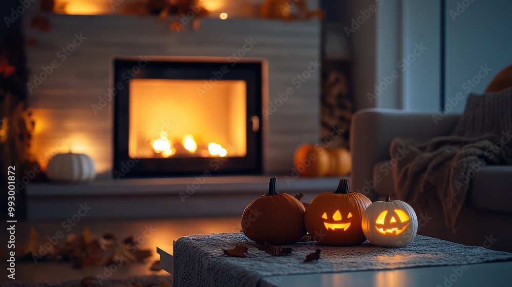 Obraz premium Simple Halloween decor in a minimalist living room, fireplace glowing softly, pumpkins on the table. Focal point on the fireplace light. No people.