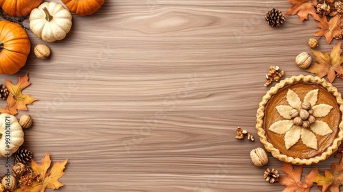 Top view of pumpkin pie surrounded by small pumpkins and autumn leaves on a wooden background, creating a warm, seasonal fall scene.