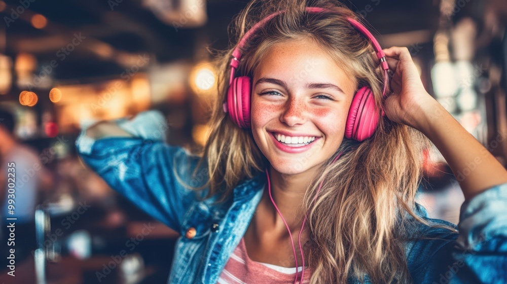Young woman with blonde hair, wearing pink headphones, smiling brightly in a lively café, enjoying music, and the social atmosphere. Joyful and energetic concept. Young woman with blonde hair, wearing pink headphones, smiling brightly in a lively café, enjoying music, and the social atmosphere. Joyful and energetic concept.
