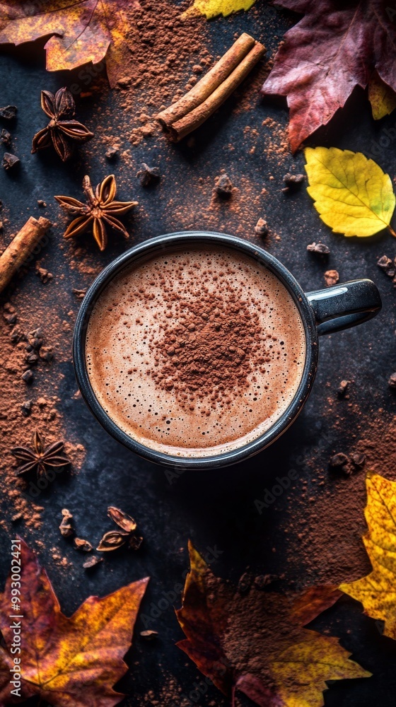 Top down shot of hot chocolate with frothy milk and cocoa powder surrounded by autumn leaves and spices Top down shot of hot chocolate with frothy milk and cocoa powder surrounded by autumn leaves and spices