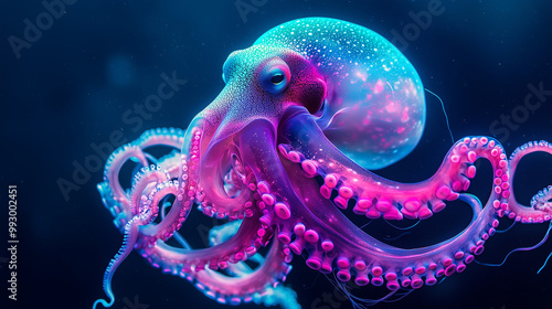 Vibrant Bioluminescent Octopus in the Ocean Depths photo