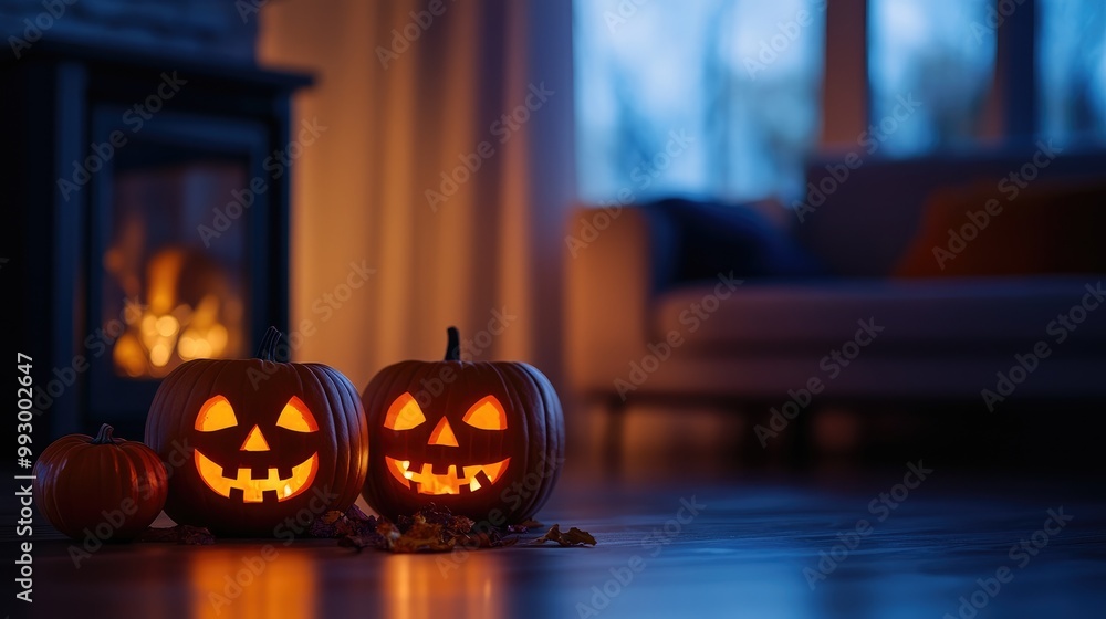 Simple Halloween touch in a minimalist living room, pumpkins by a glowing fireplace, soft light during the day. Focal point on the light. No people. Simple Halloween touch in a minimalist living room, pumpkins by a glowing fireplace, soft light during the day. Focal point on the light. No people.