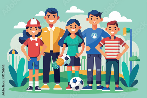A lively group of five friends stands together in a park, ready to play soccer and have fun, Customizable semi-flat illustration for sports families.