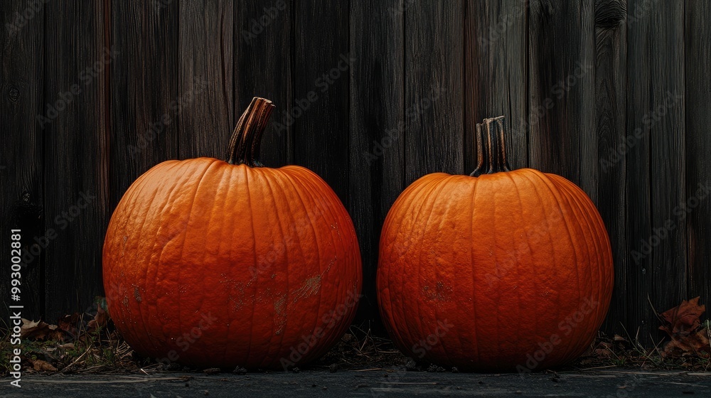 Two large, glowing pumpkins in front of a weathered fence, with space for text on the dark wood background. No logo. Two large, glowing pumpkins in front of a weathered fence, with space for text on the dark wood background. No logo.