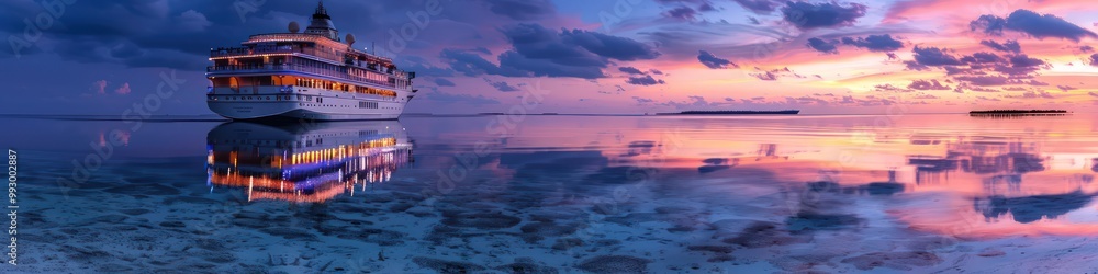 Beautifully lit cruise ship reflecting on the clear waters of the Maldives, with a twilight sky adding to the scene. Beautifully lit cruise ship reflecting on the clear waters of the Maldives, with a twilight sky adding to the scene.