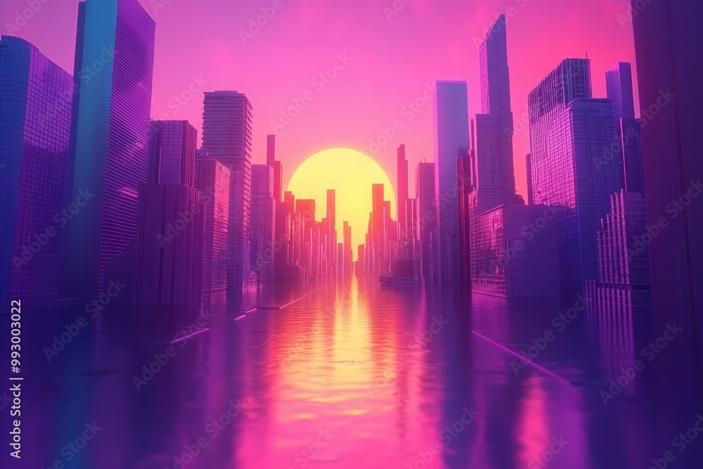 Sunset over a futuristic city with neon lights reflected in the water Sunset over a futuristic city with neon lights reflected in the water