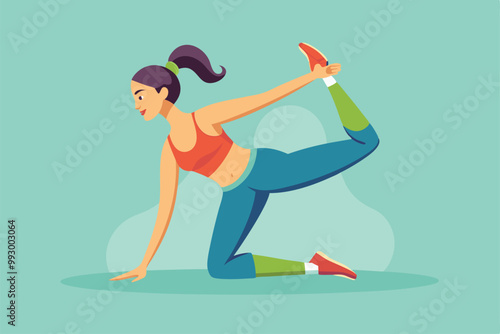 A woman engages in a stretching routine on a mat, focusing on her flexibility and posture, Customizable Semi Flat Illustration for Stretching Exercises