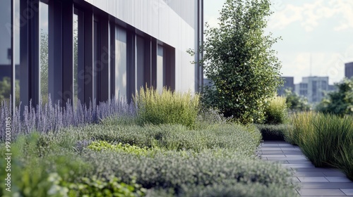 A modern green space with diverse plants and a serene atmosphere.