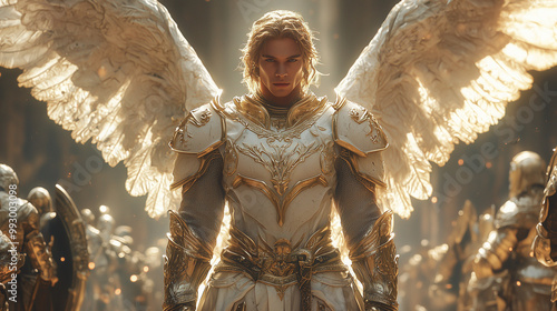 angelic prince stands in sunlit glory, his golden armor reflecting the light of a thousand suns photo