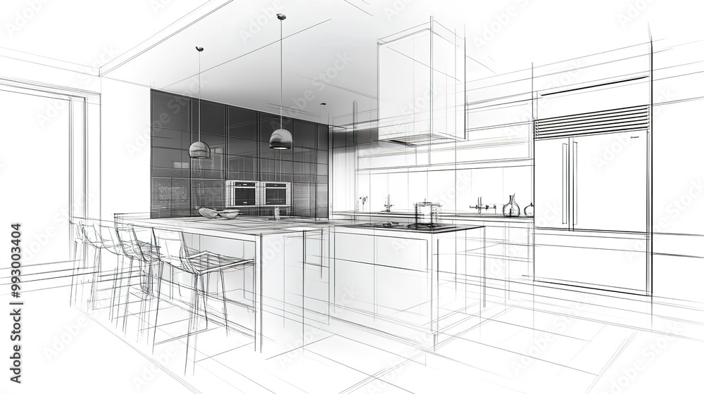 An interior design concept sketch of a modern kitchen with an island and dining table
An interior design concept sketch of a modern kitchen with an island and dining table