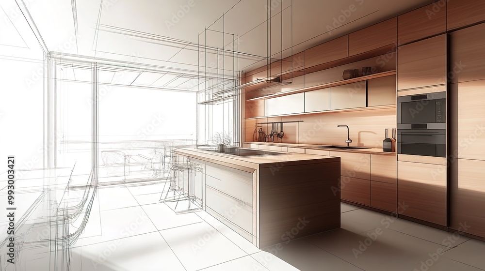 An interior design concept sketch of a modern kitchen with an island and dining table
An interior design concept sketch of a modern kitchen with an island and dining table