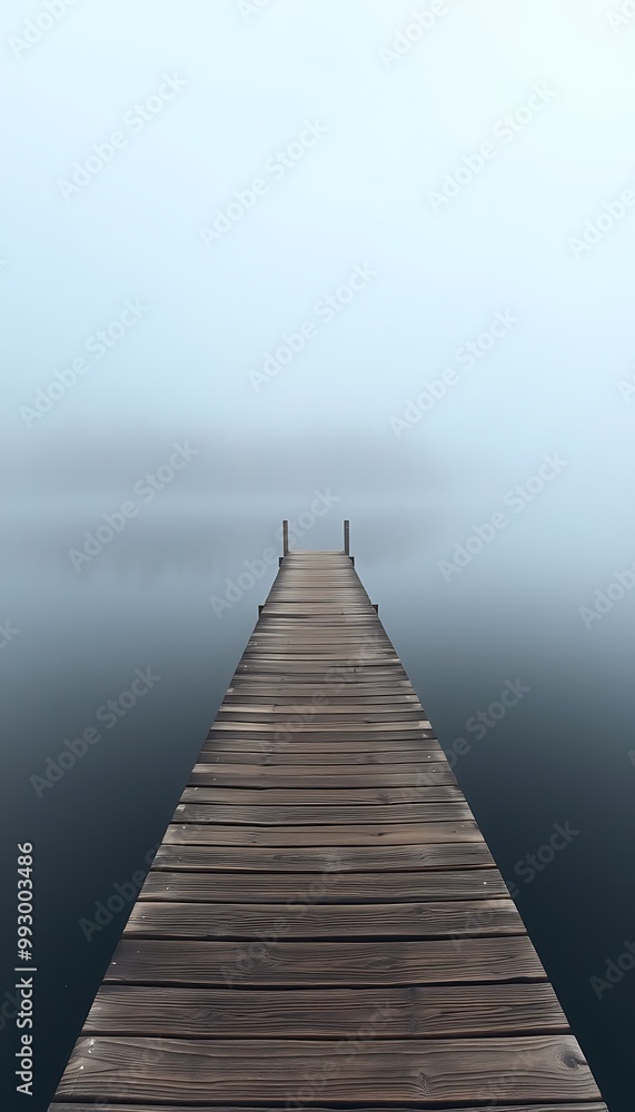A weathered wooden pier extends out into a still, foggy lake, with trees displaying brilliant autumn colors lining the far shore. A weathered wooden pier extends out into a still, foggy lake, with trees displaying brilliant autumn colors lining the far shore.