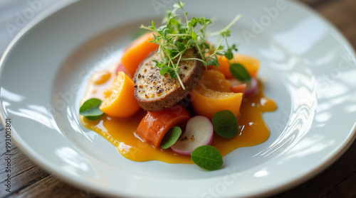 A gourmet dish composed of tender sliced meat, vibrant seasonal vegetables, and a drizzle of sauce creates an appealing presentation on a rustic table, perfect for fine dining photo