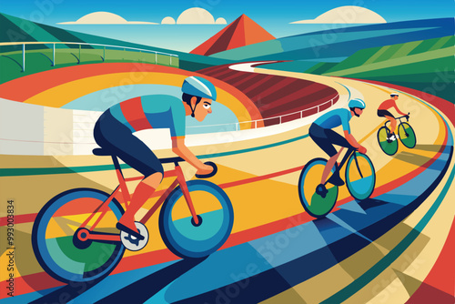 Three cyclists compete energetically on a colorful track surrounded by rolling hills and mountains, Customizable semi-flat illustration for track cycling.