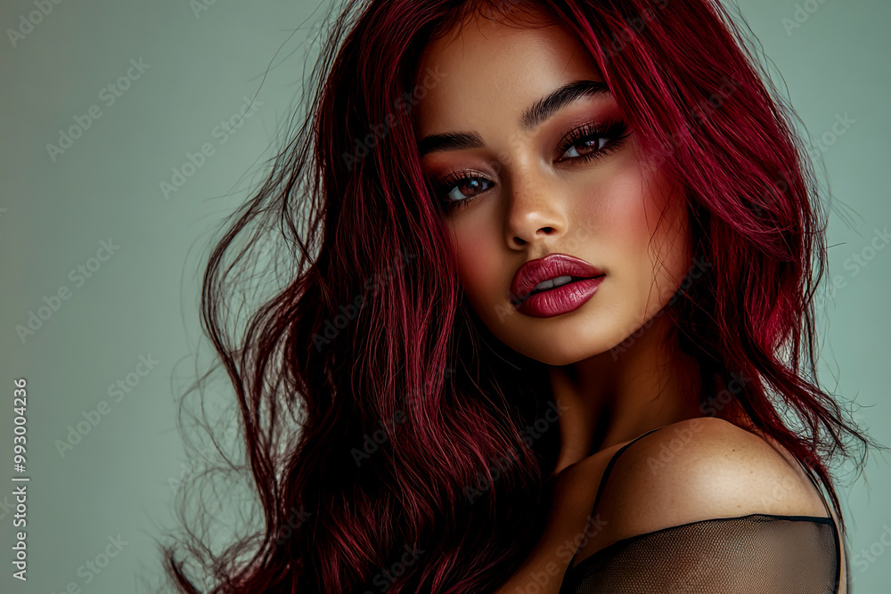 Exotic woman with burgundy hair, pink lips, and long wavy curls, posing in a studio under soft light. Exotic woman with burgundy hair, pink lips, and long wavy curls, posing in a studio under soft light.