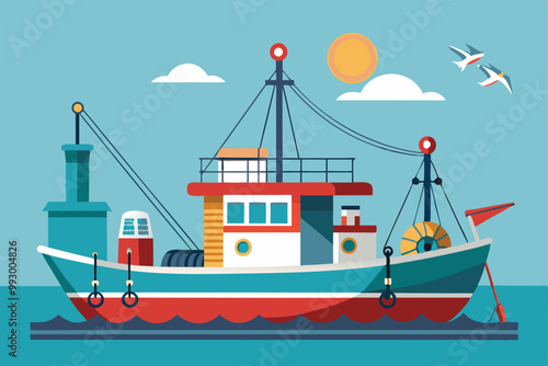 A customizable semi flat illustration of a trawl fishing boat navigating through serene waters on a sunny day, Customizable semi-flat illustration for trawl fishing.