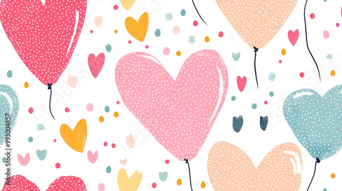Colorful Pastel Hearts with Dots In Repeated Surface Watercolor Background, Valentine Seamless Pattern Swatch, Simple Delicate Drawn Heart Background.