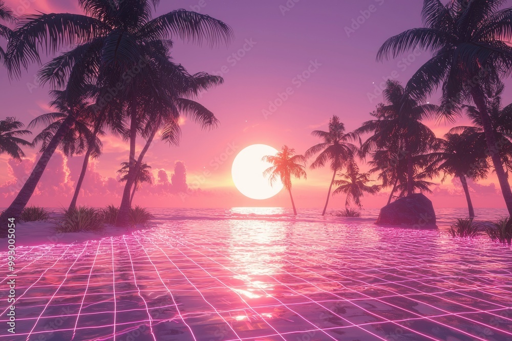 Naklejka premium Tropical Sunset with Neon Grid on Water