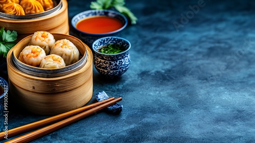 Steamed Shrimp Dumplings in Bamboo Steamer with Dipping Sauce.