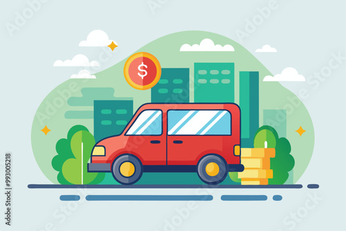 A red vehicle is parked against a city backdrop with green trees and monetary symbols in view, Customizable Semi Flat Illustration for Vehicle Sale