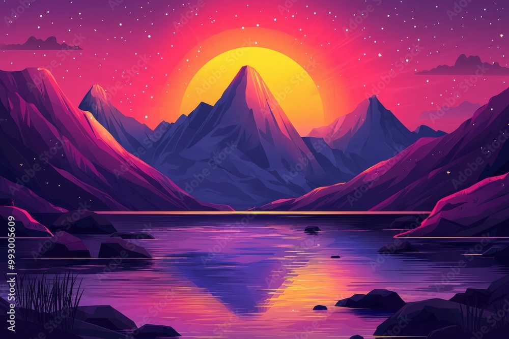 Mountainous Landscape with a Setting Sun Reflected in a Lake