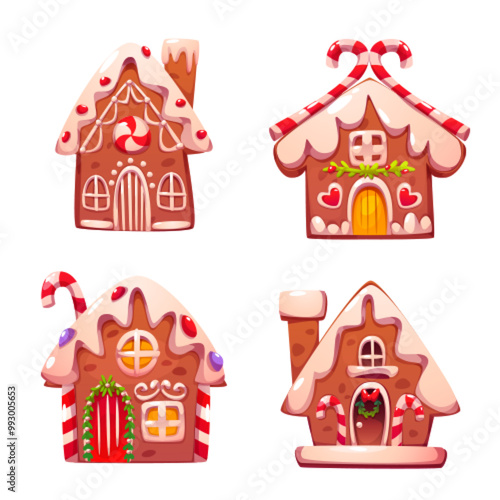 Traditional Christmas gingerbread cookie in form of house decorated with white, red and green icing and caramel. Cartoon vector sweet dessert winter holiday bakery with snow, garland decor.